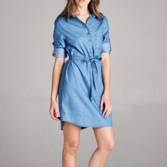Vanilla Bay Chambray Denim 3/4 Sleeve Button Shirt Short Dress w/Scarf SZ LG EUC - Picture 10 of 11